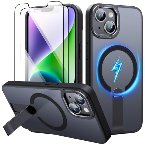 Imuruktek Invisible Stand for iPhone 13 Case/iPhone 14 Case Magnetic Black | 2 HD Screen Protectors, Fit for MagSafe, 16FT Drop Protection, Shockproof TPU Bumper, Matte Translucent Slim, Anti-Scratch