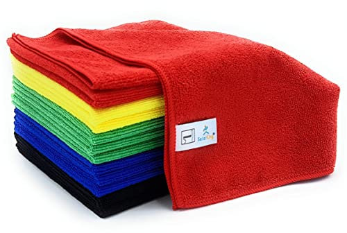 SellerKing® 12 Mikrofasertücher im 4 + 1 Farben-System. Microfaser-Reinigungstücher Küche Haushalt Bad Toilette + Auto-Pflege. Grün Blau Gelb Rot Schwarz im 5 Farben Set. 40 x 40 cm