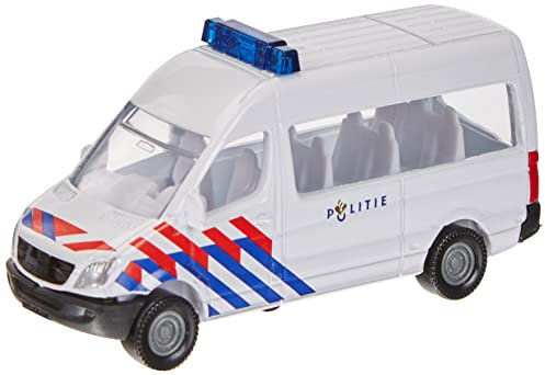 Siku 0806003 Furgone della polizia olandese, in metallo e plastica, gancio di traino, auto giocattolo per bambini, bianco e blu