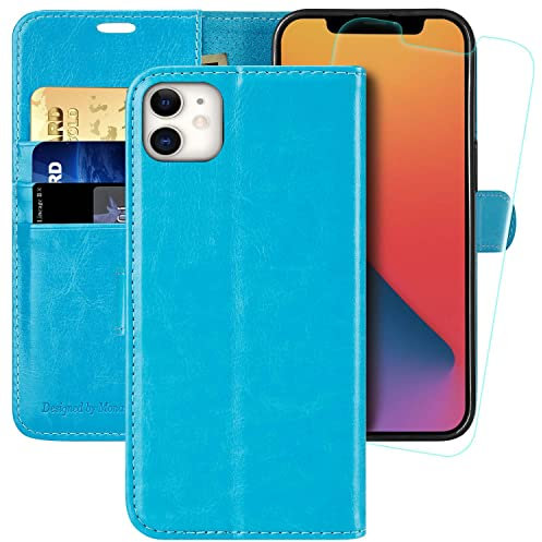 MONASAY Wallet Case for iPhone 11,6.1inch, [Glass Screen Protector Included][RFID Blocking] Flip Folio Leather Cell Phone Cover with Credit Card Holder for iPhone 11,Light Blue