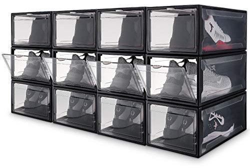 Yorbay 12er Set, Schuhbox Schuhregal, stapelbarer Schuhorganizer, plastikbox mit durchsichtiger Tür, Mehrweg Schuhaufbewahrung, für Schuhe bis Größe 48, Schwarz