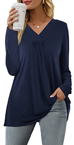 Florboom Women‘s Long Sleeve Tops V-Neck Tshirts Pleated Tunic Swing Blouses Royal Blue 12 14