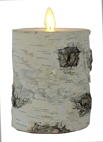 CBK-MS LED Stumpenkerze 10 cm mit echter Natur-Baumrinde BIRKE HELL mit Timer + Einschaltautomatic beweglicher Flamme