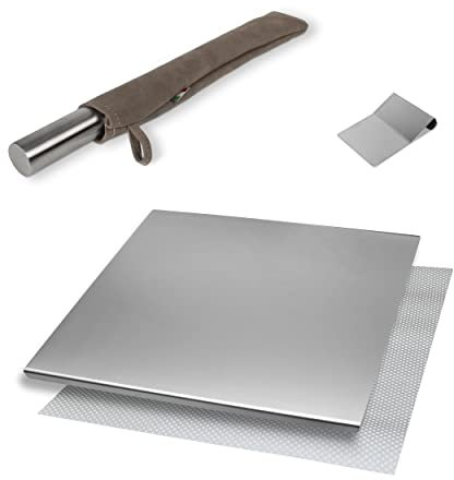 INOXLM BOX 3 PEZZI Tagliere/Spianatoia+tarocco/spatola+Mattarello custodia in tessuto|Piano di lavoro in Acciaio Inox Varie Misure Cucina Bar Ristorante|Piano Made in Italy (40x50, Custodia Tortora)