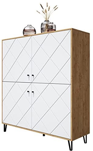 Newroom Highboard Wildeiche Weiß Matt Kommode Skandi Modern - 123x136x40 cm (BxHxT) - Schrank Sideboard Anrichte - [Loya.Three] Wohnzimmer Gästezimmer Büro