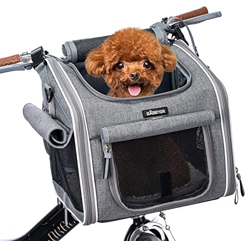BABEYER Fahrradkorb für Hunde, erweiterbar, weich, mit 4 offenen Türen, 4 Netzfenster für kleine Hunde und Katzen, Grau