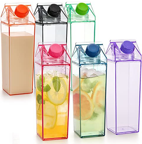 yarlung Set of 6 Plastic Milk Carton Colorful Clear Water Bottle, 17 Oz/500ml Portable Milk Box Leakproof Square Juice Bottle for Outdoor Sports Travel Camping