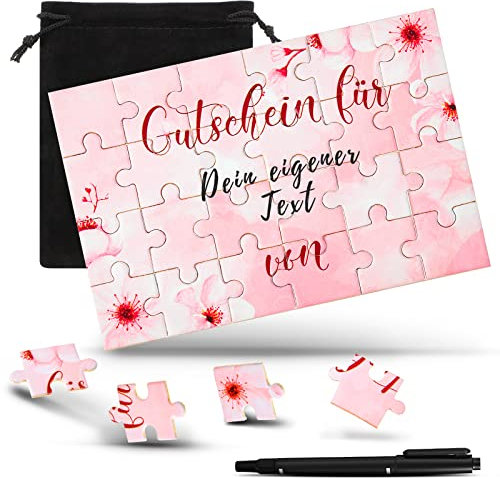 24 Stück Gutschein Puzzle Holz Gutscheinkarte Puzzle zum Selbstgestalten mit Marker und Säckchen Blanko Geschenk Gutschein zum Selber Ausfüllen für Erwachsene Kinder Basteln (Blumen Stil)