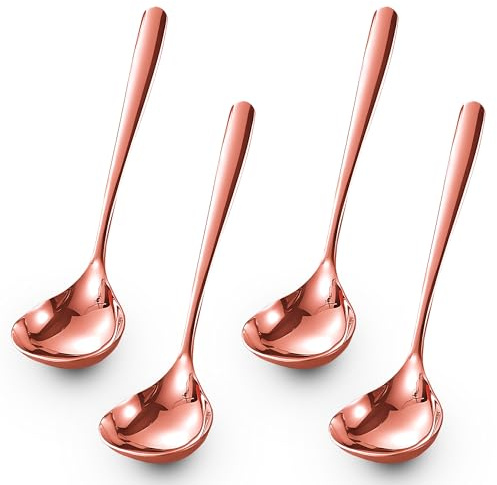 Comicfs Soup Ladle, 4 Pack Durable SUS 304 Stainless Steel with Polished Titanium Plated Big Volume Soup Spoon, Kitchen Gadget Utensil 8-Inch (Rose Gold)