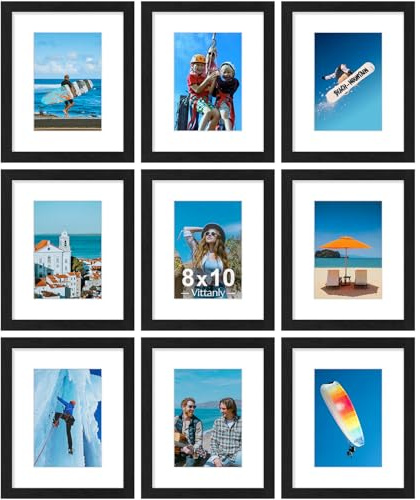 Vittanly 8x10 Picture Frames Set of 9, Shatter Resistant Plexiglass, Display 5x7 Pictures with Mat or 8x10 without Mat, Photo Frames for Wall or Tabletop, Engineered Wood, Black