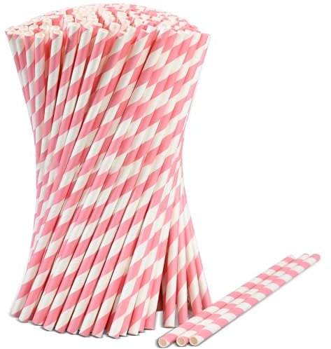 Lot de 1000 pailles jetables en papier avec rayures roses et blanches 19,7 x 0,6 cm - Biodégradables et compostables