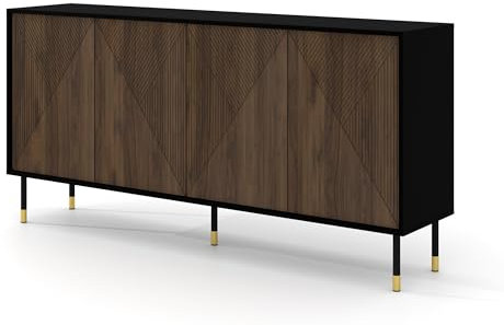 Homlando Kommode Woody IV 180 cm 4D Sideboard mit 4 Türen - Highboard - Moderner Kommode für das Schlafzimmer oder Wohnzimmer - Metallbei - Schwarz Matt/Catania Eichene