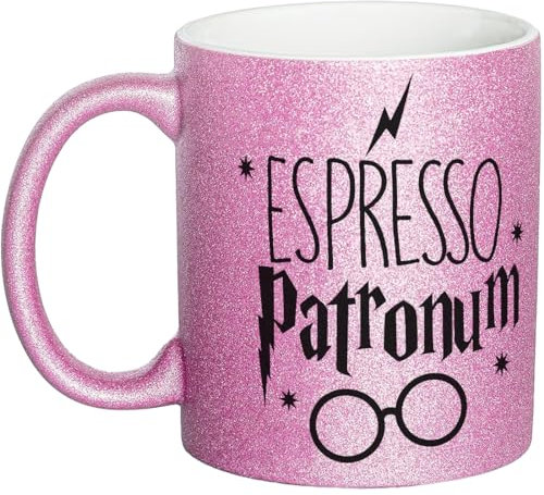 OM3® Tasse à paillettes amusante avec inscription – Espresso Patronum avec dicton magique – Tasse à paillettes | Tasse en céramique | 325 ml | Impression complète | Rose