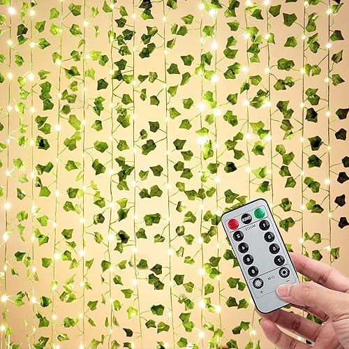 Luci LED a Batteria Finte Edera, 10M 100 LED Foglie Finte Filo Luci LED Decorative Interni ed Esterni, Catena Luminosa Interno Impermeabili per Natale Decorazioni, Stanze, Giardino, Matrimonio