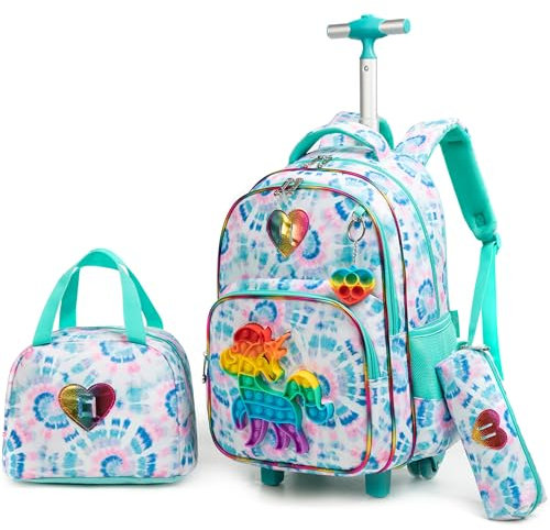 HTgroce Rollrucksack Schulranzen mit Rollen für Mädchen Rucksack mit Lunch Bag und Mäppchen Kinder School Bag Trolley