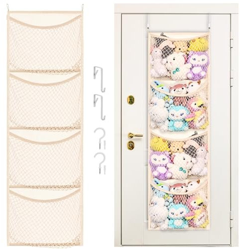 Over The Door Stuffed Animal Organiser, Cotton Toy Storage Holder with 4 Large Pockets, Hanging Door Organiser for Nursery, Bedroom, Kids’ Room, Soft Toy Storage for Children & Baby Items
