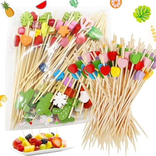 200 Stück Cocktailspieße, 12cm Spieße Fingerfood, Holz Cocktail Sticks, Spieß Zahnstocher Aus Holz Mit Deko, Für Spieße Fingerfood, Cocktail Spieße, Cocktailparty Deko (Farbige Herz)