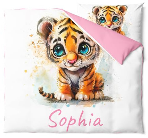 Pictogogo Süßes Großaugen-Tiger Design Babybettwäsche mit Namen, Personalisiert, Wählbare Baumwollunterfarbe (Weiß, Rosa, Blau, Grau), Oeko-TEX, 80 x 80 cm