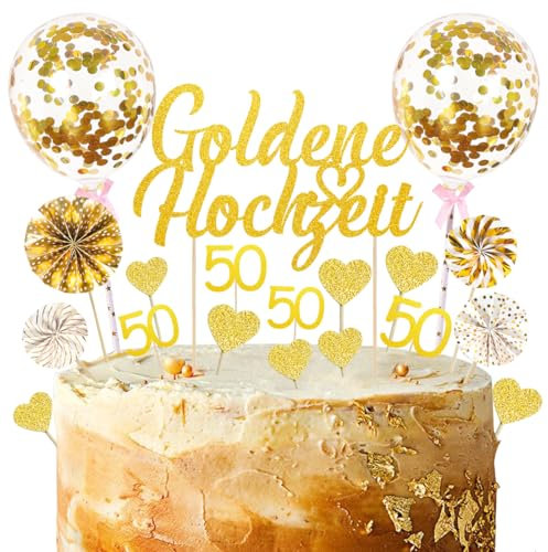 22 Stück Tortendeko Goldene Hochzeit, Cake Topper, Kuchendeko, Gold Glitzer für 50 Hochzeitstag Geschenk
