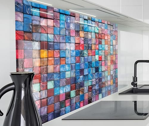 timalo Spritzschutz Wand für Herd, Küche Küchenrückwand Glasoptik | Acryl Glas 2mm | Glasrückwand Acrylglas Wandpaneele Rückwandschutz Platte | 160x50cm Kleine Bunte Mosaik Fliesen