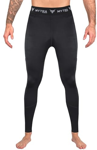 Mytra Fusion Compressione Leggins Uomo con Doppie Tasche Laterali Strato di Base Leggins Uomo Palestra - Calzamaglia Uomo per Esercizi di Allenamento Fitness (IT, Testo, L, Regular, Regular, Black)