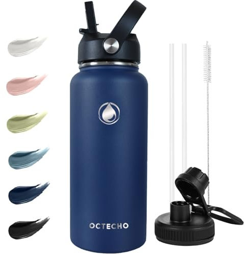 OcTecho Metal Water Bottle with Straw, 950ml Stainless Steel Water Bottle 2 Leakproof Lids, BPA Free Double Walled Vacuum Insulated Water Bottles Thermal for 12h Hot & 24h Cold,for Man,Woman-Navy