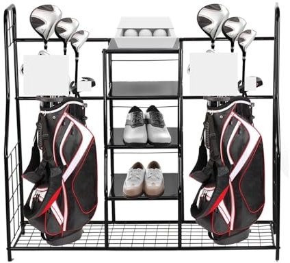 Dual Golf Club Storage Rack for Garage Golf Bag Organizer Stand with Sports Holder Shelf Space Saving Golf Club Holder Organizer Stand