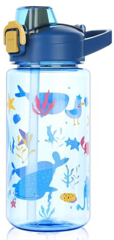 flintronic Botella de Agua Niños y Niñas, Niños Botellas Agua, Botella de Agua Pajita para Infantil, Sin BPA, Sin Fugas, Reutilizable, 600ml, Plástico - Estrella de Mar de Hierba de Agua Azul Oscuro