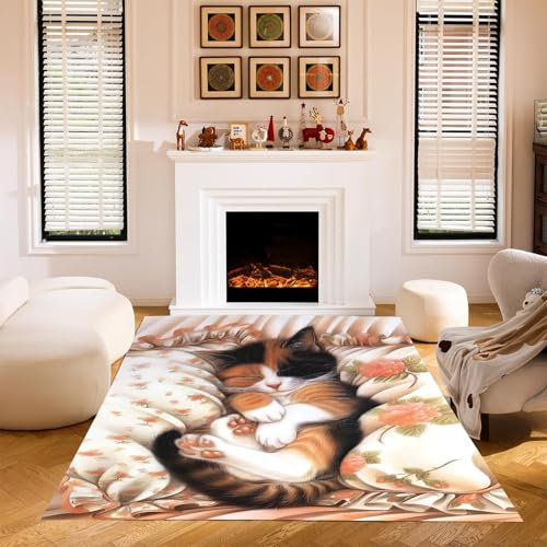 Fadaing Tapis de salon motif chaton 160 x 230 cm chambre d'enfant 3D drôle dessin animé chambre d'enfant garçon, tapis animal mignon tapis de salon pour décoration