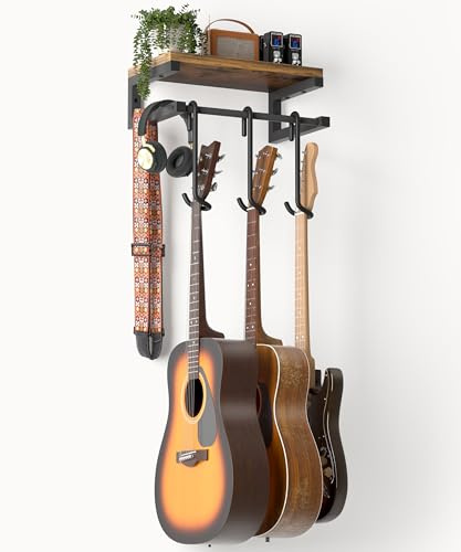 VINCOURNA Gitarrenhalter für die Wand, 3 Gitarren Wandhalterung (Klein) | Wandhalterung Gitarre mit Groß Regal, Gitarrenhalter Wand für Akustikgitarre Bass e Gitarre Ukulele Ständer Zubehör
