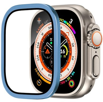JDIME Protector de pantalla de vidrio templado para Apple Watch Ultra 2 de 49 mm, antiarañazos, HD, película completa, parachoques de metal, iWatch Ultra, accesorio de 49 mm (azul)