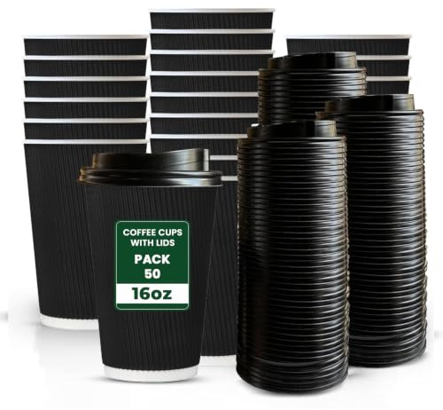 ECONX 50 X 16oz Disposable Kraft Ripple Paper Cups with Lids Black – Leak-Proof Insulated Takeaway Coffee Cups 3 Ply for Coffee, Tea, Hot Beverage - Disposable Coffee Cups for Home, Office, Cafes