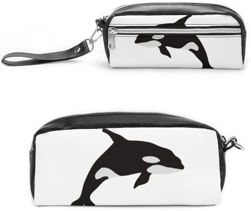 JiuPopular Leder-Federmäppchen, Killer-Wal-Muster, Schreibwaren-Tasche als Federmäppchen für Büro und Schule, Geschäftsreisetasche oder kleine Werkzeugbox, Make-up-Tasche