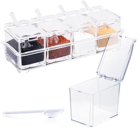 LIUCONGBD Clear Seasoning Box, 4 Piece Spice Containers with Lid and Spoon | for Spice Salt Sugar Cruet Condiments, Transparent, Moisture-proof, Multi-purpose, Compact Size, Good Quality, Large Capacity