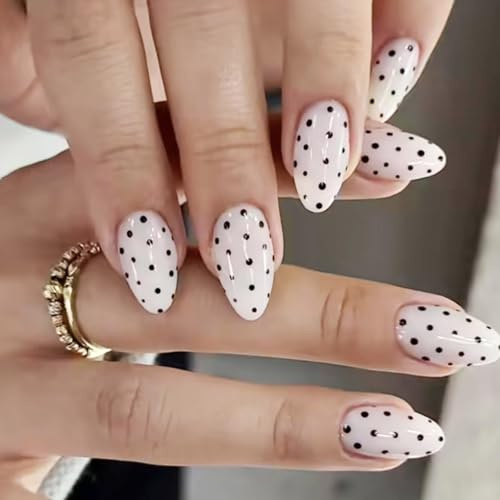 Aribliseza Press On Nails, 24 Stück Nägel zum Aufkleben & Almond Fake Nails, Weiße False Nails mit Schwarz Punkt Design, Full Cover Glänzende Acryl Nägel für Frauen