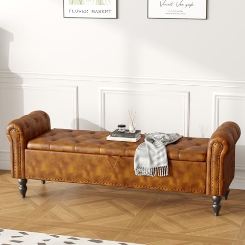 Ckaff Banc de Rangement 160cm, Banc Bout de Lit Coffre de Rangement, Repose-Pieds Pouf avec Espace de Rangement en Similicuir pour Chambre à Coucher Salon Couloir Entrée, Brun