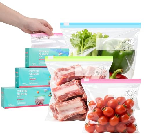 LUCKNIGHT 55 stycken fryspåsar, återförslutningsbara påsar, blixtlåspåse, tre storlekar av stretchiga bottenpåsar med dragkedja för frukt, grönsaker och kött (förpackat)