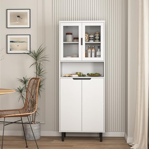 HaoChrymec Bibliothèque Haute avec Portes en Verre Trempé et Étagères Réglables, 4 Portes, Armoire en MDF Laqué, pour Salon et Chambre, Blanc, 60x35x160 cm