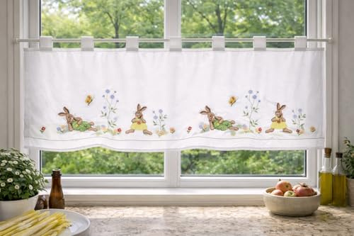 KAMACA Bistrogardine 50x120 cm Sekt – Liebevolle Stickerei mit Osterhasen & Frühlingsblumen – Hochwertige Schlaufengardine aus Polyester – Transparente Scheibengardine für Ostern & Frühling
