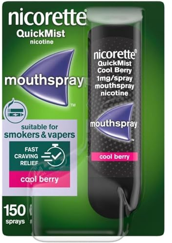 Nicorette QuickMist Mouthspray, Cool Berry Flavour (1x150 Sprays), Quit Smoking or Quit Vaping aid, Starts to Reduce Cravings in 30 Seconds (Quit Smoking or Quit Vaping aid)
