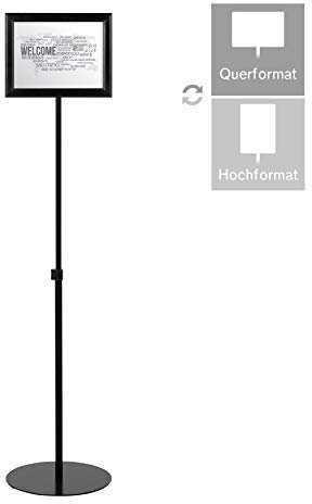 DISPLAY SALES - Support d'information télescopique double face réglable en hauteur en aluminium avec plateau en acier lourd, format portrait et paysage avec cadre de rangement Format A4 Noir