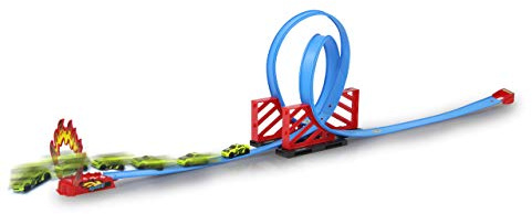 JAMARA 460577 Autorennbahn Double Looping-15-Teiliges Spieleset, 2-Fach Looping und Sprung-Rampe, Fahrzeug mit Rückzugmotor, hilft Kindern bei der Entwicklung der Hand-und Augenkoordination, bunt
