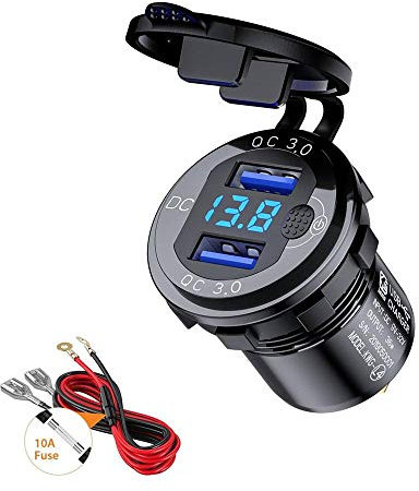 Thlevel Auto QC3.0 USB Ladegerät KFZ USB Steckdose Dual Port 9V-32V 36W Schnellladung mit LED Digital Voltmeter Anzeige Switch für Fahrzeuge Boot Motorrad SUV Bus LKW Wohnwagen Marine Schwarz