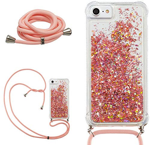 DasKAn Liquide Paillette Coque pour iPhone 6/6S/7/8/SE 2020 avec Collier Cordon, Brillant Flottant Sable Mouvant Transparent Silicone Housse de Protection Antichoc TPU Étui de Téléphone, Rose