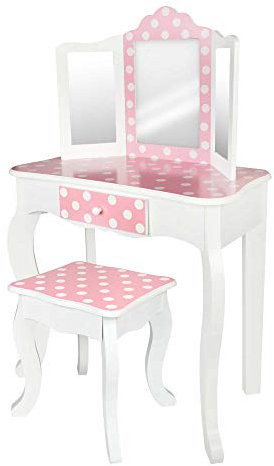 Teamson 85388, Schminktisch aus Holz, mit Hocker und Spiegel, für Mädchen mit Schublade, Lernspielzeug für Kinder 3 Jahre, Rosa, Medium