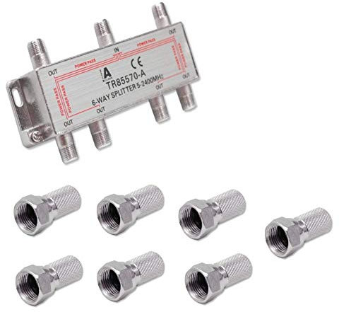 TV Splitter Sat Breitbandverteiler BK 2-fach, 3-fach, 4-fach, 6-fach, 8-fach Verteiler (analog digital Kabel Fernseher Radio LNB), Größe: 6-fach + F-Stecker