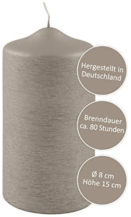 FINK graue Kerzen - rußarm - lange Brenndauer ca 80 Stunden - Deko Wohnzimmer Geburtstagsfeier Hochzeit H 15 D 8 cm