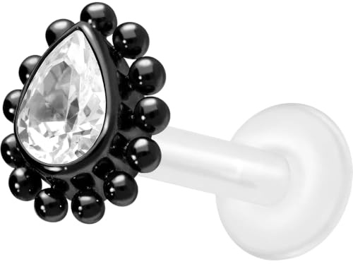PIERCINGLINE Piercing Stecker PTFE Labret mit Innengewinde + Titan-Aufsatz KRISTALLTROPFEN + KUGELN - Roségoldfarben, Transparent, Schwarz, Goldfarben, Silberfarben