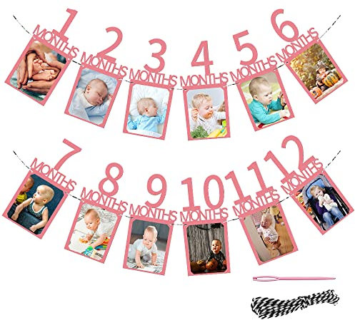 Fotogirlande 1. Geburtstag, Baby Ersten Geburtstag Girlande Foto Banner, Hängende Foto Wanddekoration, Kinder Monatlich Bild Prop für Party Dekor Mädchen/Jungen - Roségold