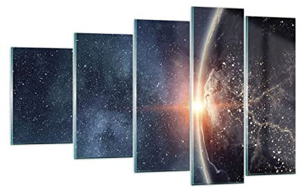 Mehrteilige Bilder auf Glas Kosmos Erde Sonne Glasbild 100x60cm Wandbilder Dekoration Wohnzimmer Schlafzimmer Küche Set 5 teilige Groß Wanddeko Bild im Glas Wand Kunstdruck Art Modern GEG100x60-4343